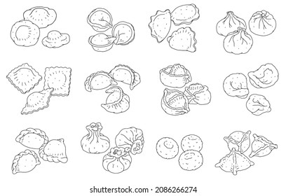 Set different dumplings of various traditional national cuisines. Black line hand drawn dumpling symbols collection, vector illustration isolated on white background.