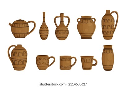 Set with different  earthenware ceramic pottery with ornament vector illustration in a cartoon flat style isolated on white background.