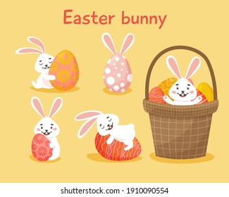 
Set of different Easter bunnies. In a basket, hugging an egg. Hand drawn cartoon illustration. Cute stylish characters.