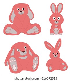 Set of different easter bunnies. Pink Rabbits. Isolated on white. Element decor of the Easter greeting card
