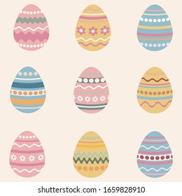 Set of different Easter eggs. Collection of eggs with pastel colors. Traditions. Religious symbolism. Painted eggs.
Isolated.Vector Illustration