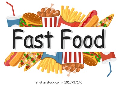 A set of different eating fast food on a white background.