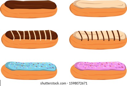 Set of different eclairs. Eclair collection. Tasty dessert. Bread baked food. Bakery shop, pastry. illustration in flat style