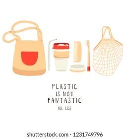 set of different eco friendly objects on white background. zero waste set with eco bag, glass cup, bamboo teath brush, tote bags
