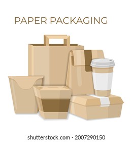 A set of different eco-friendly packaging made of paper and cardboard. A paper bag, boxes for fast food and a to-go cups. Vector isolated on a white background.