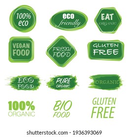 Set of different ecological green labels with friendly text isolated on white background