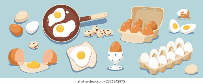 Set of different eggs. Stages of cooking scrambled eggs. Packaging with yolk and protein, shell. Natural and organic products. Cartoon flat vector collection isolated on blue background