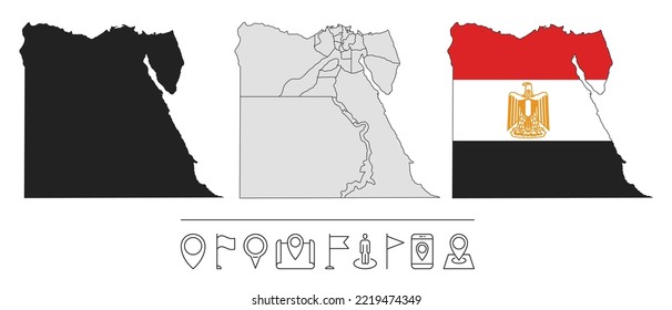 Set of different Egypt maps with national flag. Navigation line icons. Vector illustration.