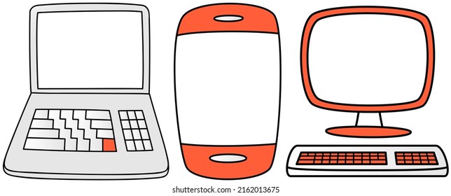 Set of different electronic devices. Computer monitor, smartphone and portable folding personal laptop. Information and media output equipment, modern gadgets. PC and mobile phone vector illustration