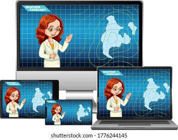 Set of different electronic gadgets with anchorman reporting weather forecast on its screen isolated illustration