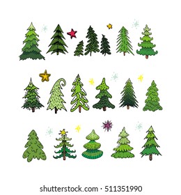 Set of different elegant christmas trees. Design elements of stylized fir trees in several variants isolated on white. Christmas trees vector collection.