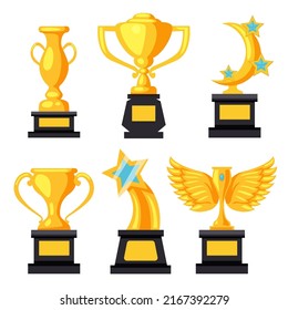Set of different element design of beautiful golden trophy of winner on tournament with drawing style, vector illustration