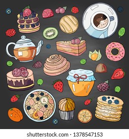 Set of different elements for breakfast morning on blackboard.  Breakfast hand drawn doodle collection.