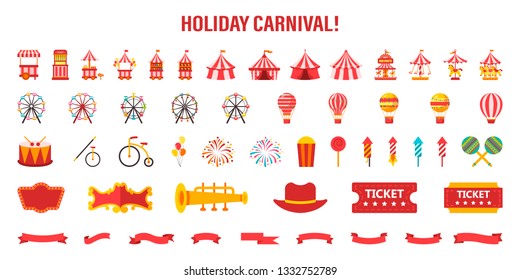 A set of different elements for a carnival or circus. Vector illustration on white isolated background