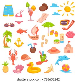 Set of different elements dedicated to the sea vacation isolated on white. Vector illustration. 