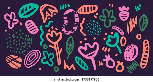 A set of different elements in Doodle style. Isolated objects for design. Abstract spots and and flowers on the background. Vector illustration.
