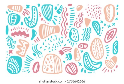 A set of different elements in Doodle style. Isolated objects for design. Abstract spots and shapes on the background. Vector illustration.