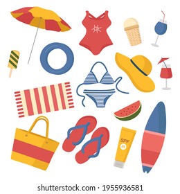 A set of different elements on the theme of the beach on a white background