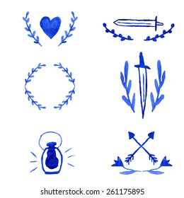 set of different elements painted in watercolor for your design 