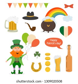 Set of different elements and photo booth props for St. Patrick's Day. Saint Patrick's Day concept. Vector illustration.
