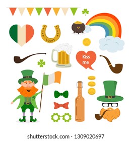 Set of different elements and photo booth props for St. Patrick's Day. Saint Patrick's Day concept. Vector illustration.
