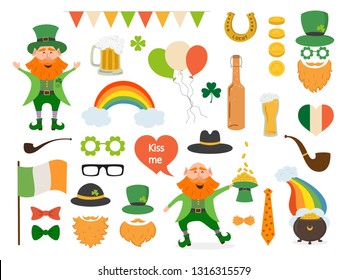 Set of different elements and photo booth props for St. Patrick's Day. Saint Patrick's Day concept. Vector illustration.
