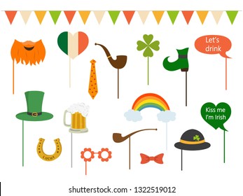 Set of different elements and photo booth props for St. Patrick's Day. Saint Patrick's Day concept. Vector illustration.
