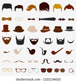 A set of different elements and silhouettes for fashionable men. Mustaches, pipes, glasses, hats, beard color
