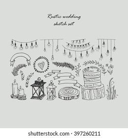 Set of different elements for a wedding, party or other event in the rustic style.
The sketch, drawn by hand.
