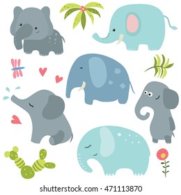 Set of different elephants on white background.