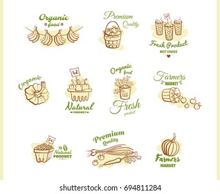 Set of different emblems of organic natural fresh products. Vector illustration