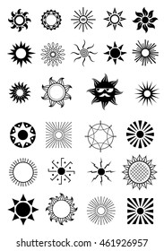 Set of different emblems of signs and symbols in the form of a circular or sun ornament