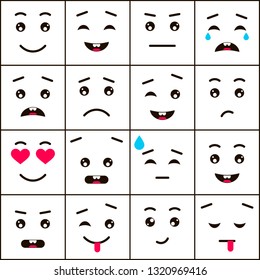 Set with different emoji icons in flat style. Faces with round eyes and eyebrow on white background.