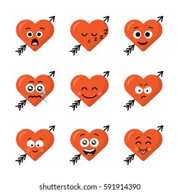 Set of different emoticons emoji heart faces with arrow isolated on the white background. Happy and sad faces. Collection of nine smiles.