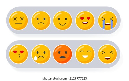 Set of different emoticons. Emoji with different positive and negative emotions and faces. Joy, kiss, anger, crying, love. Online messaging. Cartoon flat vector collection isolated on white background