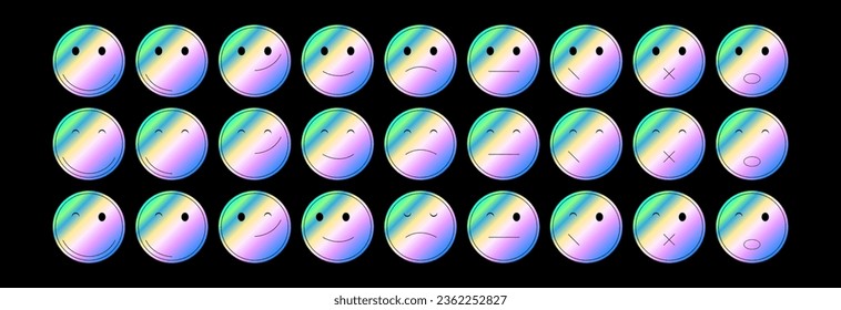 A set of different emoticons with different emotions. Holographic smiley stickers in y2k style.
