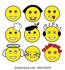 set of different emoticons. Smiley: vampire, artist, chef, angel, music lover, smile, tears, love.