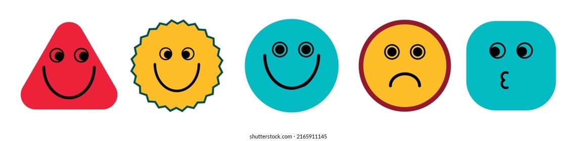 set of different emoticons, stickers, funny faces, funny comic characters, flat simple vector illustrations