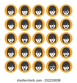 Set of different emoticons vector, white and yellow woman faces. Emoji icons representing lots of reactions, personalities and emotions 