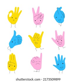 Set of different emotion with hand 
 cartoon character, flat vector illustration.