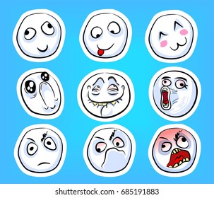 Conjunto de diferentes emocional stickers con memes de internet para expresiones cotidianas en medios sociales, chat, mensajes, aplicaciones móviles y web, comunicación en internet y material impreso.