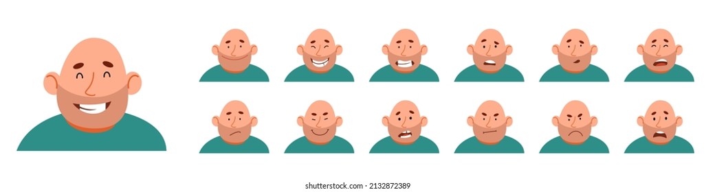 A set of different emotions of a bald man.