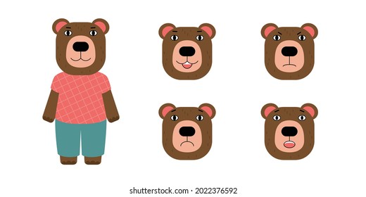 Set of different emotions of bear. Vector illustration in a flat style