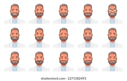 Set of different emotions of a bearded male doctor in a white coat. Facial expression of a handsome stylish man. Smile, happiness, anger, joy, fear, etc. Vector illustration in cartoon style.