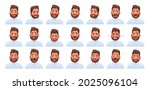 Set of different emotions of a bearded man. Fear, surprise, happiness, anger, envy. Facial expression. Vector illustration in cartoon style