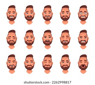 Set of different emotions of a bearded man. Facial expression. Smile, happiness, anger, sadness, surprise, fear, etc. Vector illustration in cartoon style.