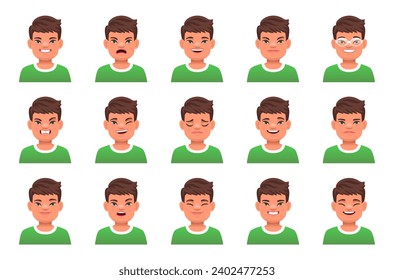 Set of different emotions of a beautiful boy with the genetic disease Down Syndrome. Expression on the face of a sunny child. Vector illustration in cartoon style.