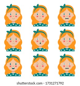 Set of different emotions of the blond haired girl. Female character. Cute avatars with various facial expressions. Variety of moods and feelings. Vector illustration in cartoon style.