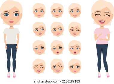 Conjunto de emociones diferentes con una rubia de ojos azules 