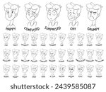 Set of different emotions boy character. Kids emoji with various facial expressions. Vector illustration in cartoon style. Isolated white background. Black and white cartoon character. Sticker pack